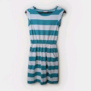 Boden Dress 2R Green White Stripe Jersey Knit Elastic Waist Knee Length
